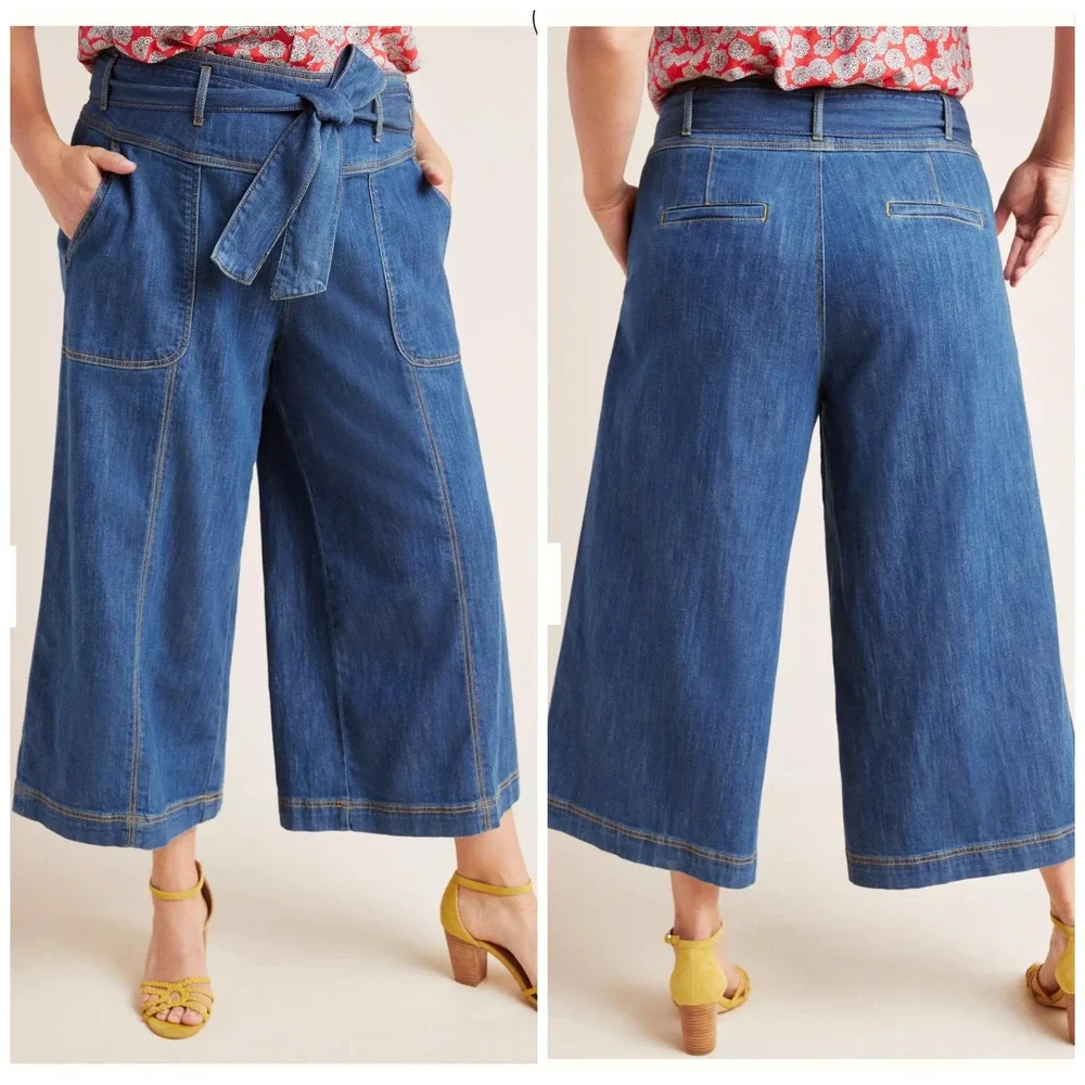 Anthropologie Pilcro High Rise Wide Leg Cropped Belted Jeans Blue Denim size 32